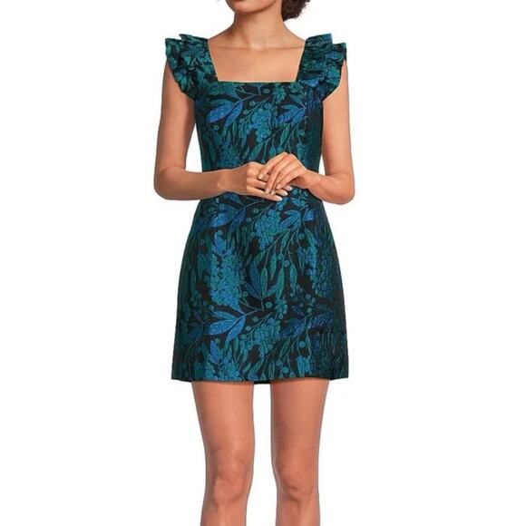 Lilly Pulitzer Lolina Brocade Skirted Romper Size 14 Ruffle Smocked Blue Green - Picture 1 of 10